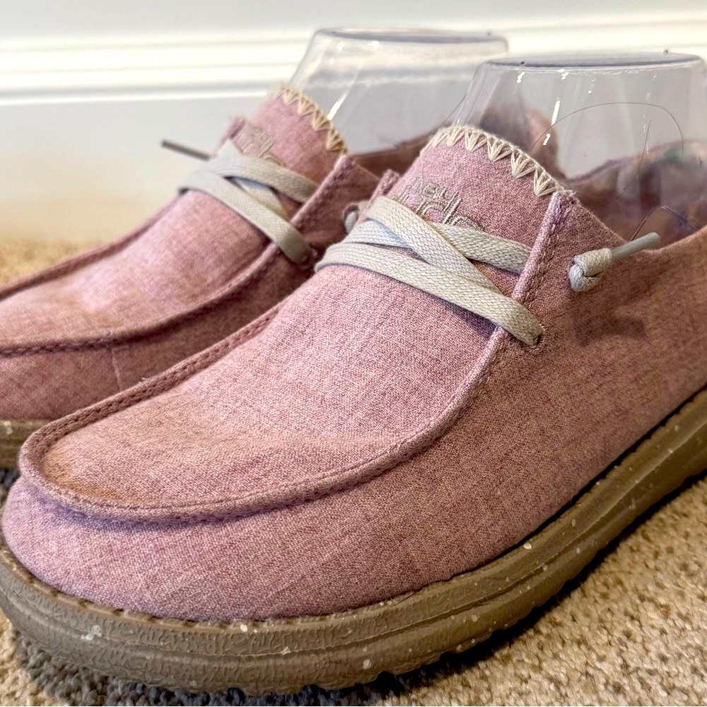Like New Hey Dude Mauve Wendy Stretch Canvas Shoes w/ Polka-Dot Tan Sole - Picture 6 of 14